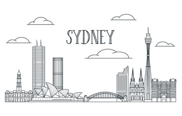 Obraz premium Sydney city panoramic line art illustration with all the major landmark buildings.
