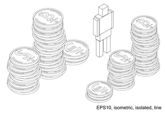 Podium of stacks of coins. Many gold coins in towers. Outline. Bitcoin, dollart, euro