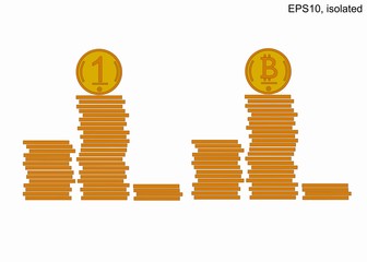 Podium of stacks of coins. Many gold coins in towers. Bitcoin.