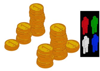 Podium of stacks of coins. Many gold coins in towers.