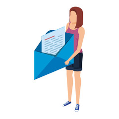 young woman lifting envelope mail send