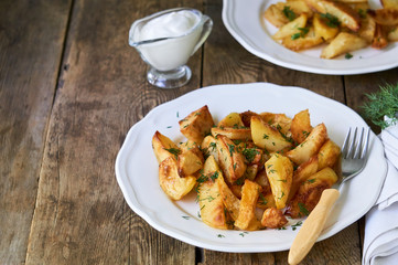 Baked potato slices with fresh dill on a white plate
