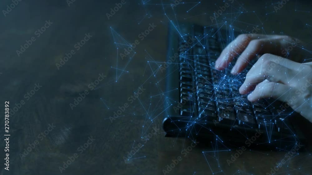 Poster woman female developer is typing programming software script source code on keyboard overlay with gl