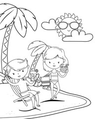 summer and kids cartoon in black and white