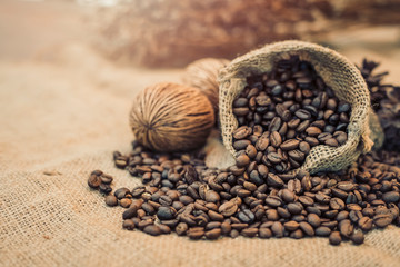 Roasted coffee beans in a sack on dark background