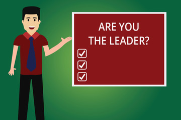 Word writing text Are You The Leaderquestion. Business concept for Leadership demonstrating taking care of company Man with Tie Standing Talking Presenting Blank Color Square Board photo