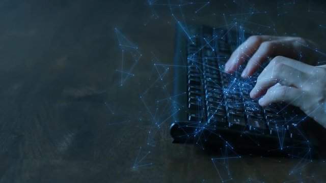 Woman female developer is typing programming software script source code on keyboard overlay with glowing moving lines and dots (Side view). For SDLC, hi tech background or intro clip