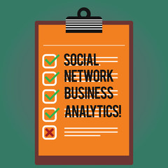 Text sign showing Social Network Business Analytics. Conceptual photo Online modern networking connection Lined Color Vertical Clipboard with Check Box photo Blank Copy Space