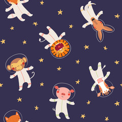 Hand drawn seamless vector pattern with cute animal astronauts, stars, in space, on a dark background. Scandinavian style flat design. Concept for children textile print, wallpaper, wrapping paper.