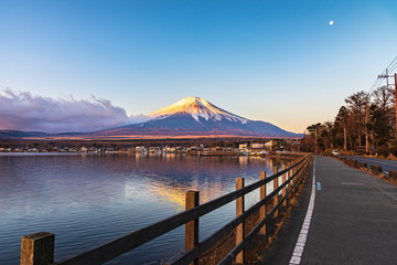 Fujisan or Fuji mountain in sunrise light at lake Yamanaka, Yamanashi prefecture Japan.