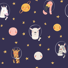 Hand getekende naadloze vector patroon met schattige dieren astronauten, sterren, in de ruimte, op een donkere achtergrond. Scandinavische stijl plat ontwerp. Concept voor kinderen, textielprint, behang, inpakpapier.