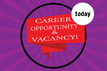 Conceptual hand writing showing Career Opportunity And Vacancy. Business photo text Job searching Huanalysis resources Recruitment Folded 3D Ribbon Strip inside Circle on Halftone Sunburst