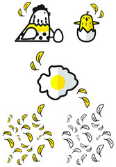 Naklejka premium Vector image of chicken, little chicken, omelet and feathers