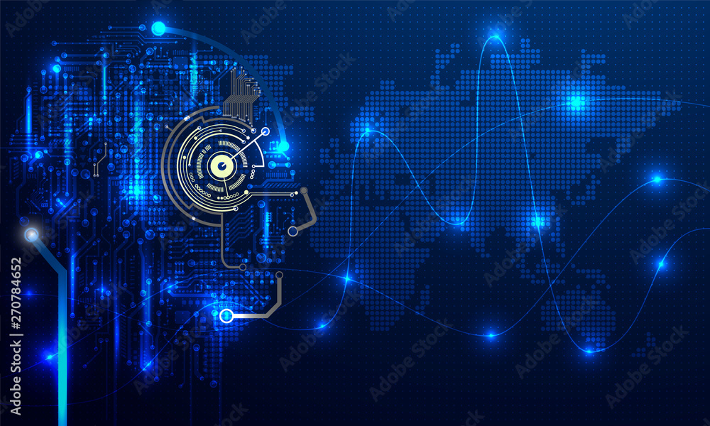 Poster illustration of human face made by circuit digital network for artificial intelligence (ai) deep lea