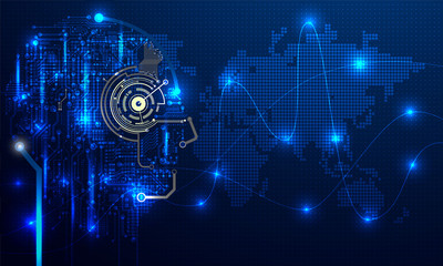 Illustration of human face made by circuit digital network for Artificial Intelligence (AI) deep learning concept on Futuristic technology background . VECTOR eps10