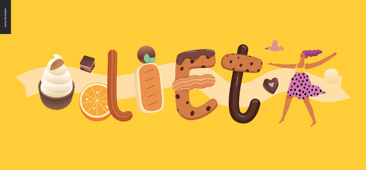Naklejka premium Dessert lettering - Diet - modern flat vector concept digital illustration of temptation font, sweet lettering and girls. Caramel, toffee, biscuit, waffle, cookie, cream and chocolate letters