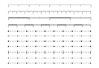 Set of metric abstract, rulers imperial scale with different geometric shapes. Abstract scale for a ruler from geometric shapes. Size indicator units. Measuring scale, markup for rulers.