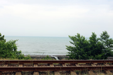 Fototapeta na wymiar View of the sea through the green bushes and the railway in cloudy weather