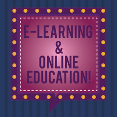 Writing note showing E Learning And Online Education. Business photo showcasing Remote studying Online digital lessons Square Speech Bubbles Inside other with Broken Line Circles