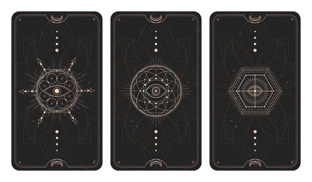 Vector set of three dark backgrounds with geometric symbols, grunge textures and frames.