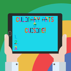 Conceptual hand writing showing Culinary Arts And Cuisine. Business photo showcasing Chef preparing gourmet foods excellent recipes Hu analysis Holding Tablet Smartphone Display Unit photo