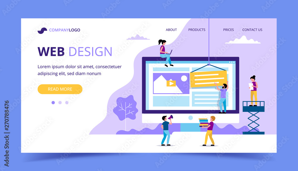 Aufkleber web design landing page - illustration with small people doing various tasks, big monitor with a web