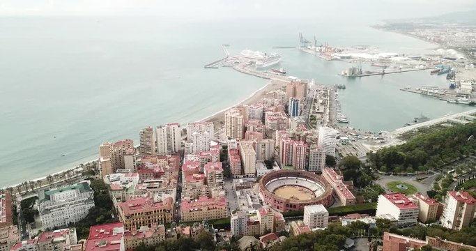 Malaga with Placa de Torros from castle in sunny time. Andalusia, Spain 