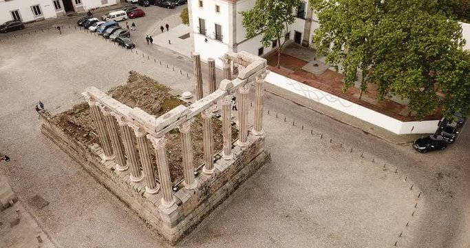 View of remnants of Temple of Diana in centre of historic Portuguese city of Evora