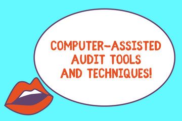 Writing note showing Computer Assisted Audit Tools And Techniques. Business photo showcasing Modern auditing applications Sensually Parted Red Lips wearing Lipstick and blank white oval board
