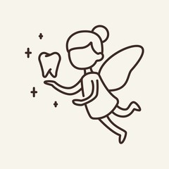 Tooth fairy line icon. Flying magic girl holding tooth. Dental care concept. Vector illustration can be used for topics like healthcare, dental care, pediatric dentistry