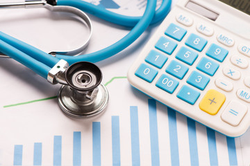 Medical practice financial analysis charts with stethoscope and calculator