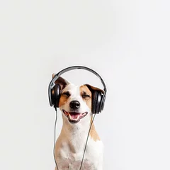 Tuinposter Dog in headphones listening to music © Tatyana Gladskih