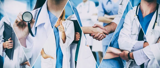 Fotobehang Healthcare people group. Professional doctor working in hospital office or clinic with other doctors, nurse and surgeon. Medical technology research institute and doctor staff service concept. © Summit Art Creations