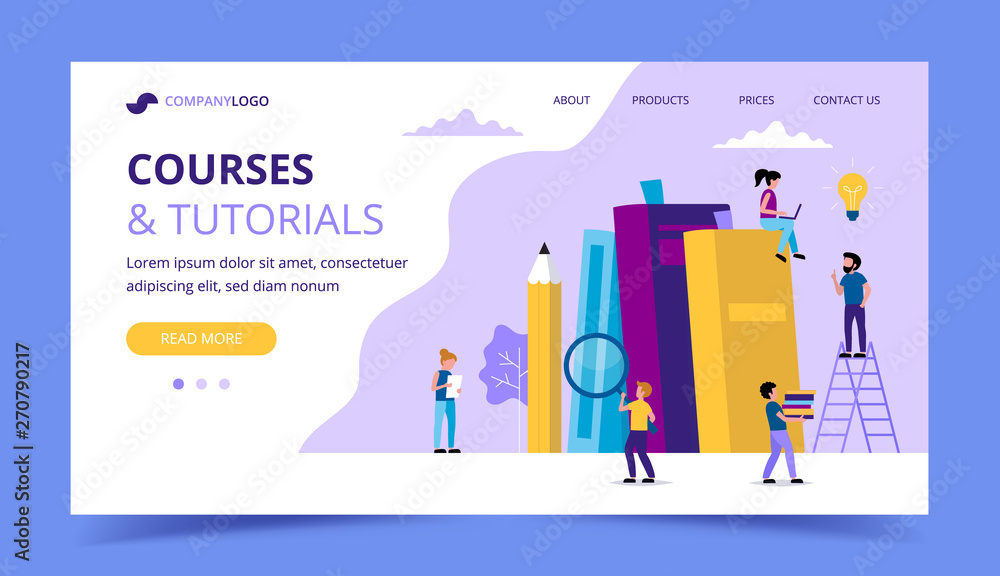 Poster courses and tutorials, learning landing page with books, pencil, small people characters doing vario