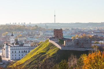 View of the Gediminas Hill and the Gediminas Castle Tower from the high point in Vilnius. Lithuania