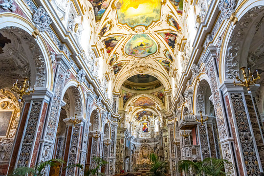 Interiors of the Church of the Gesu (Chiesa del Gesu) or Casa Professa. One of the most important Baroque churches in the Italian city of Palermo and in all of Sicily
