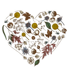 Heart floral design with colored astilbe, craspedia, blue eryngo, lagurus, cotton, gypsophila