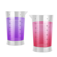 Test-tubes with purple and red liquid on white background, Measurement cup. Vector EPS 10 illustration