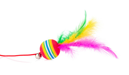Multi Colored ball with feather for cat toy isolated on a white background - 270791890