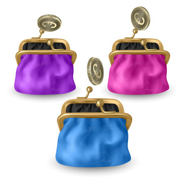 Set Of Opened Purses Of Pink, Blue And Purple Colors. Gold Coins Raining To Open Wallet. Golden Coins Money, Euro Dropping Or Falling In Open Purse. Vector EPS 10 Illustration