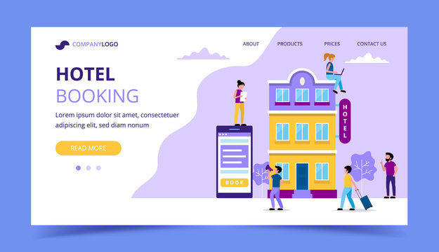 Hotel booking landing page template - illustration with small people doing various tasks. reservation, online booking
