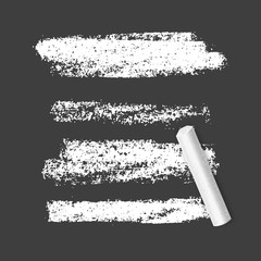 Set of chalk brushes of white color on dark background. Grunge lines with chalk texture. Hand drawn design elements, Vector EPS 10 illustration - obrazy, fototapety, plakaty