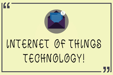 Writing note showing Internet Of Things Technology. Business photo showcasing IT modern technologies online network Open Envelope with Paper Email Message inside Quotation Mark