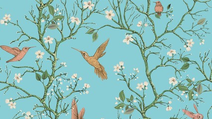 Cotton fabric seamless background with birds
