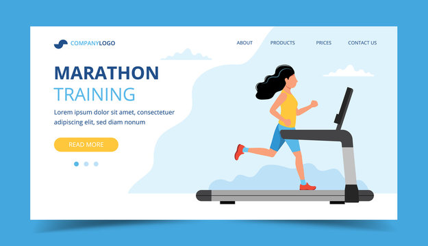 Running landing page template. Woman running on the treadmill. Illustration for marathon, city run, training, cardio.