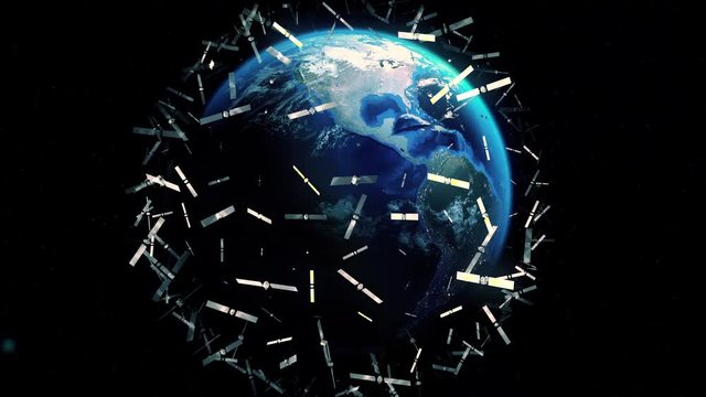 3d render of  Blue Planet Earth with satellites Rotation Seamless Loop