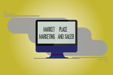 Conceptual hand writing showing Market Place Marketing And Sales. Business photo showcasing Online modern shopping purchasing Mounted Computer Monitor Blank Screen on Abstract Background