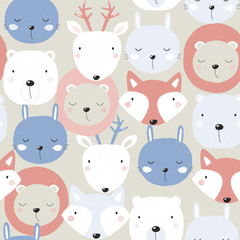 Seamless pattern with cute animal faces. Pastel kids textile print. Vector hand drawn illustration.