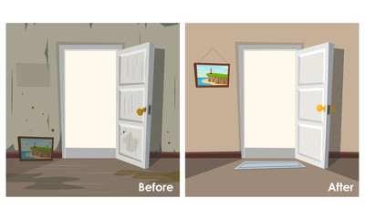Two images of the room clean and dirty.