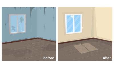 Two images of the room clean and dirty.